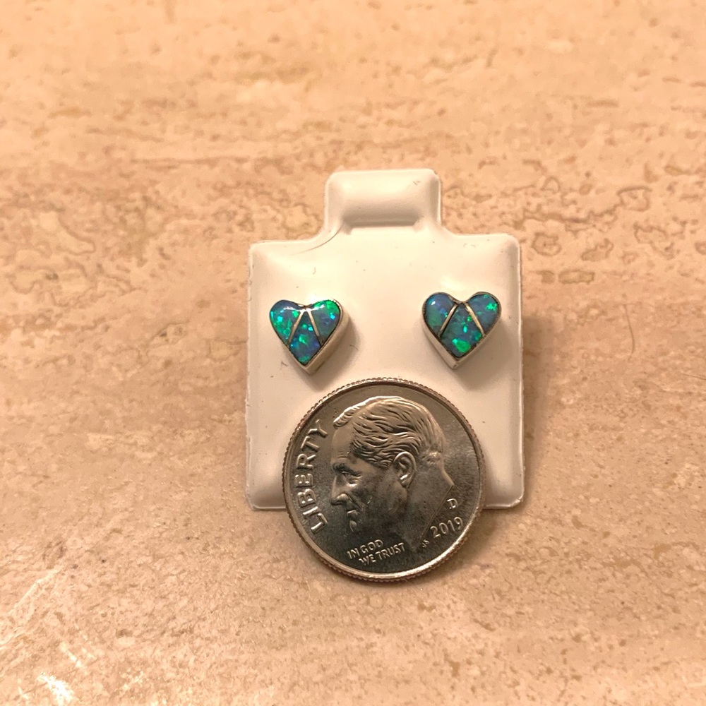 Sterling Silver Inlay Blue Lab Opal Heart Earrings - Picture 6 of 7